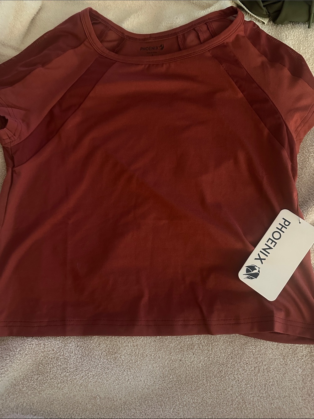 Phoenix Burgundy Women’s Short Sleeve Crop Top with mesh. Small, NWT
